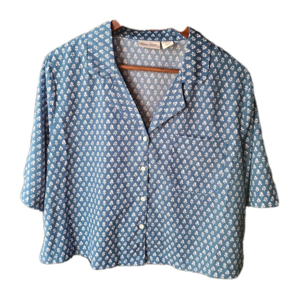 Haute Hippie Blue Floral-Print Short-Sleeve Button Shirt